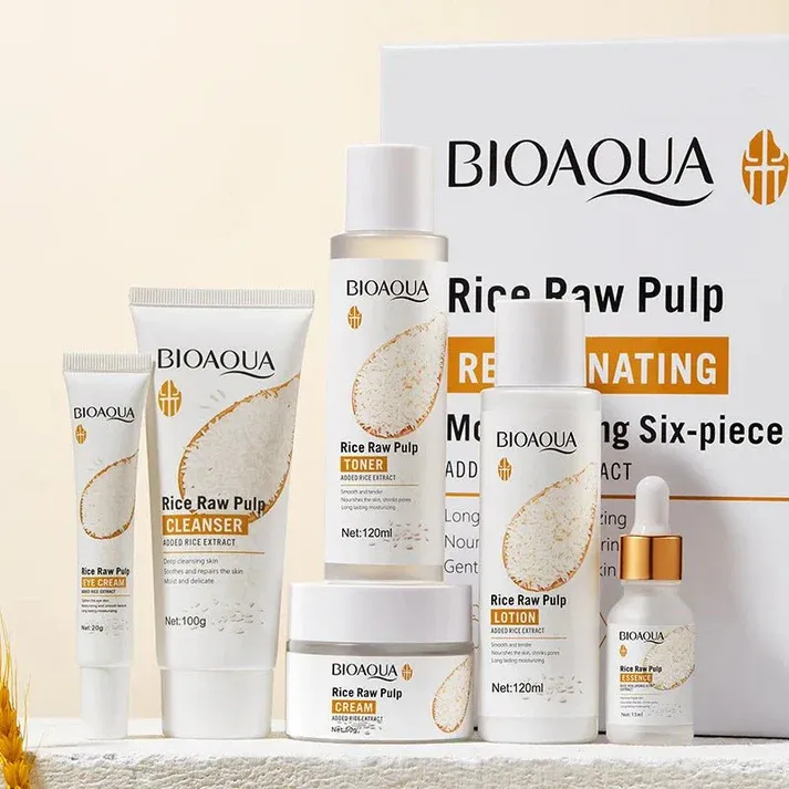 قطع مجموعة BIOAQUA Rice Raw Pulp: غسول وتونر ولوشن وكريم وسيروم