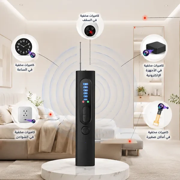 أماكن الكاميرات المخفية التي يكشفها الجهاز في الغرفة