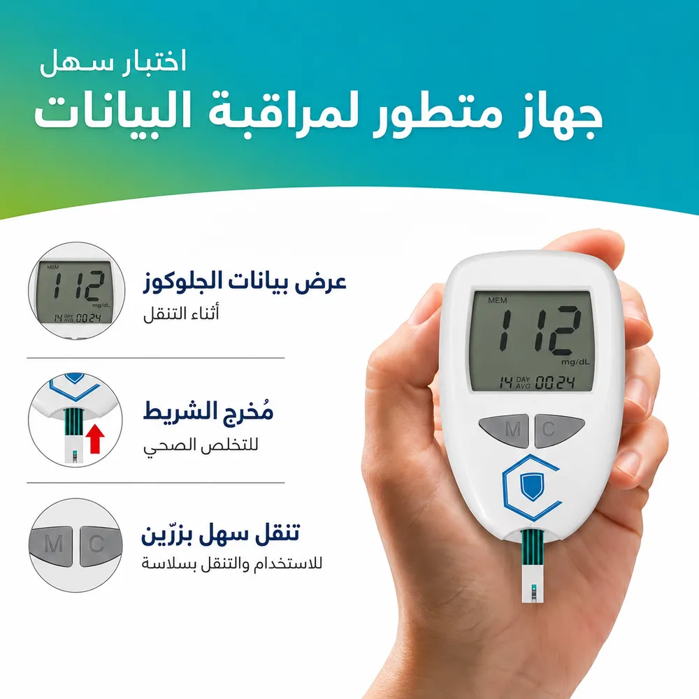 وظائف الجهاز: عرض بيانات الجلوكوز ومخرج الشريط وزرّان للتنقل