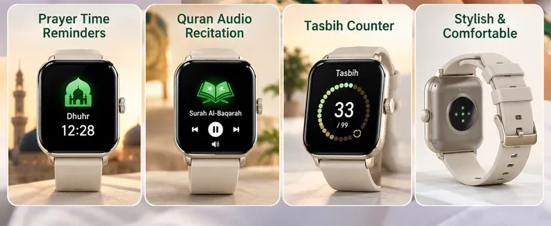 شاشات ساعة iQIBLA QWatch 6: المواقيت والتلاوة والتسبيح والتصميم