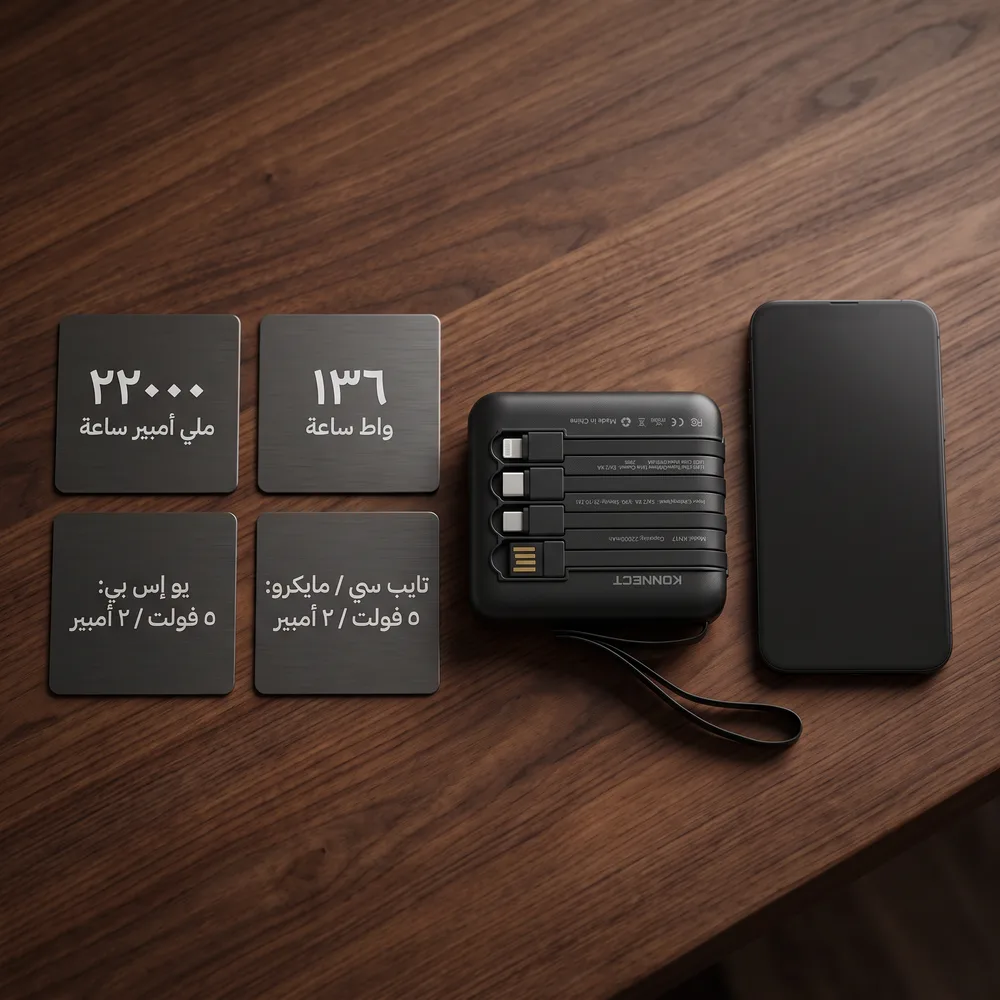 مواصفات باور بانك KONNECT: السعة والقدرة والمنافذ
