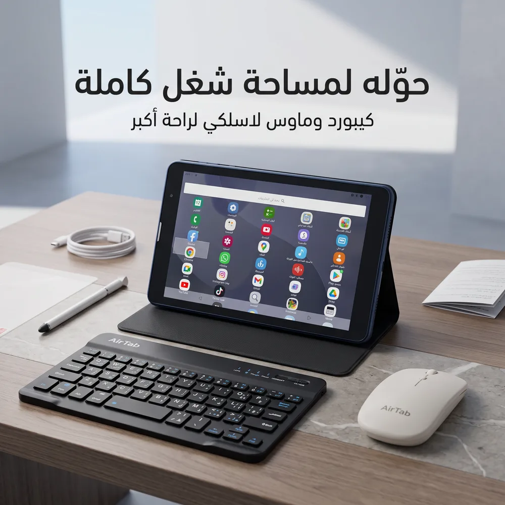 تابلت AirTab A19 على المكتب مع الكيبورد والماوس اللاسلكي