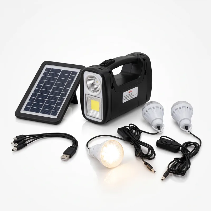 محطة إضاءة بالطاقة الشمسية مع 3 لمبات LED وكشّاف